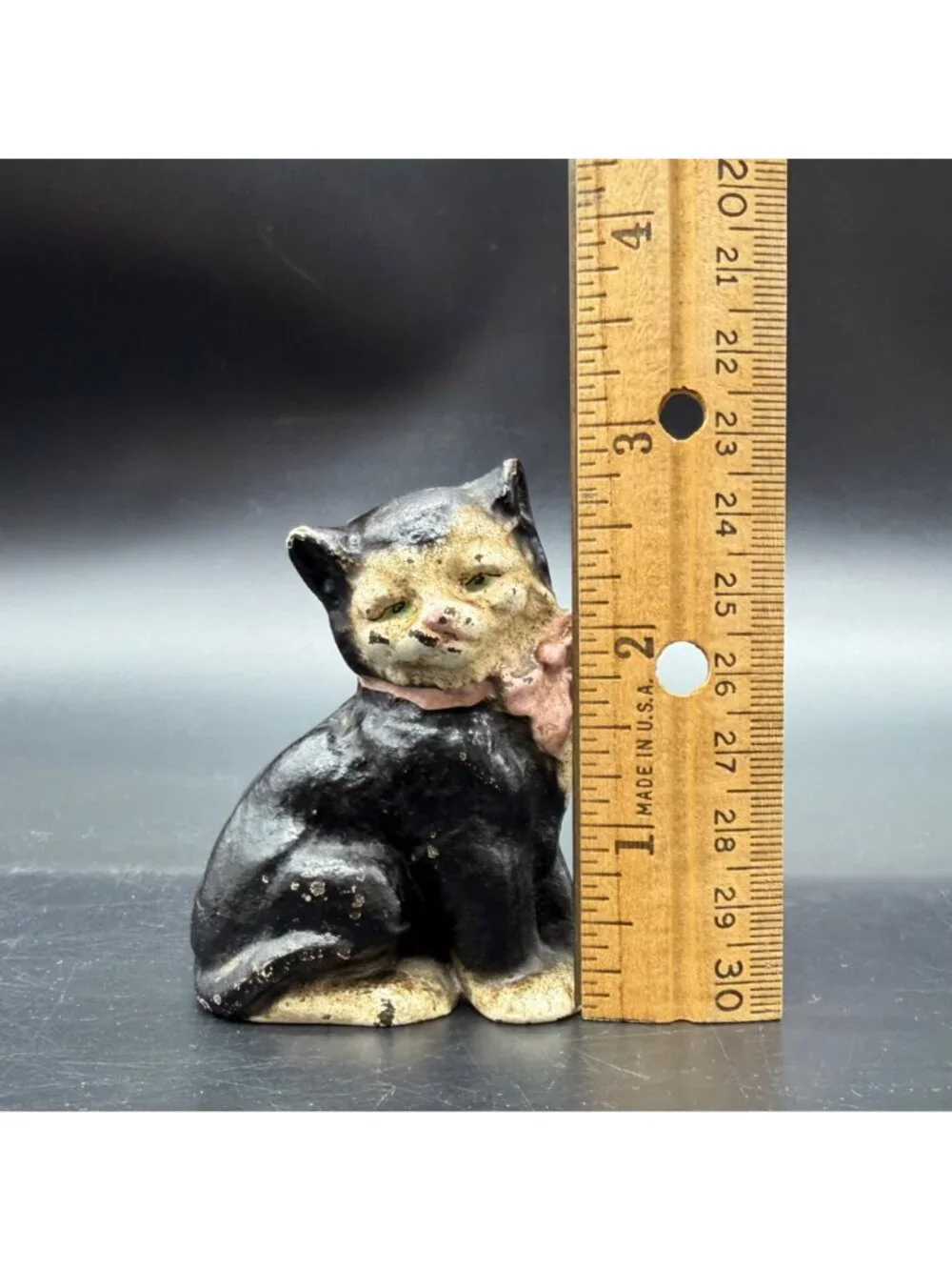 Hubley Cast Iron Cat Figurine Paperweight Vintage Decor Black White Pink Bow